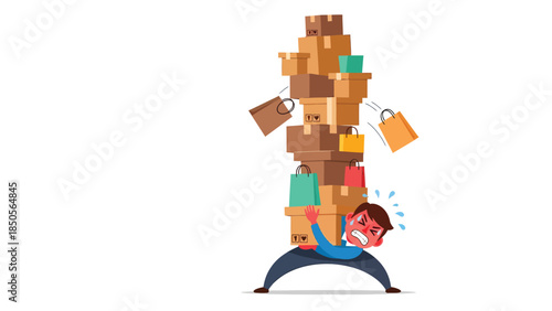 Exhausted Man Struggling Under Massive Stack of Shopping Bags and Delivery Boxes Online Shopping Overload Concept