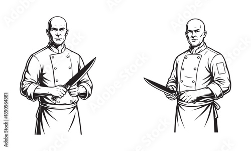 Serious Chef Holding Knife Black and White Vector Illustration