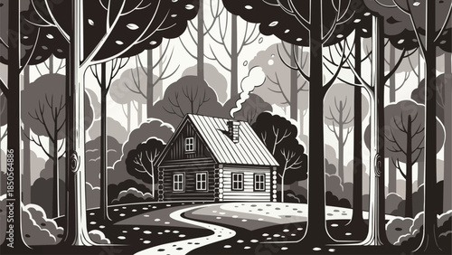Charming Wooden Cabin Nestled Amongst Tall Trees in a Serene Forest Setting.
