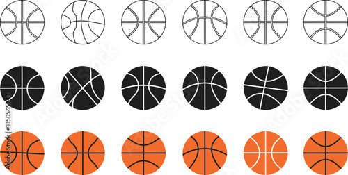 Diverse Basketball Graphics Including Outline, Filled Black, and Orange Balls sport