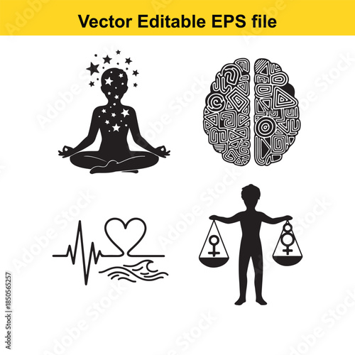  collection of four black silhouette icons representing mindfulness, brain, heart rate, and gender equality on white background