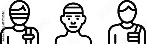 Injured Patient and First Aid Line Icon Set – Bandage, Cast, and Medical Care Outline Symbols