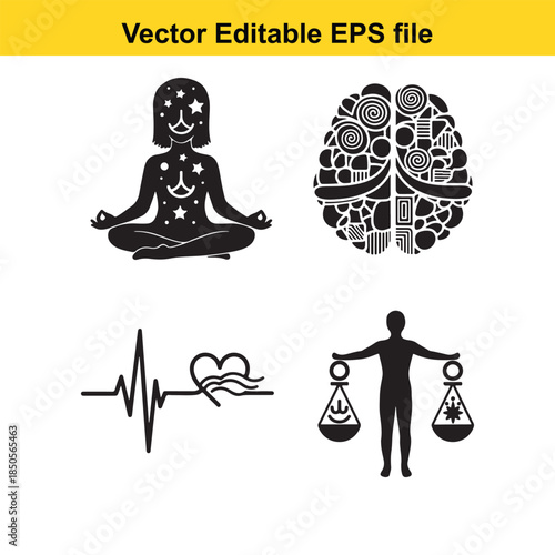  a set of four black silhouette icons representing mental health and wellness concepts in a vector editable eps file format