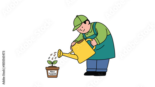 Gardener Watering New Plant in Pot Growth Nurturing Success Concept Illustration