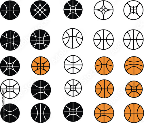 Diverse Basketball Icons Featuring Outline Silhouette and Color Variations Keywords: basketball, sport, game, ball, round, circle, equipment