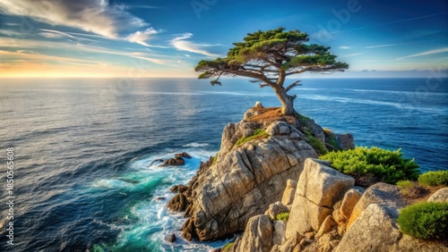 Ancient lone pine tree standing sentinel on rugged coastal cliff overlooking vast expanse of ocean and rocky shoreline