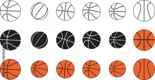 Group of Basketball Icons in Outline, Black Fill, and Orange Fill Variations sport