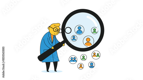 Recruitment Search Scientist Magnifying Glass Focuses on Diverse Staffing Candidates for Business Growth