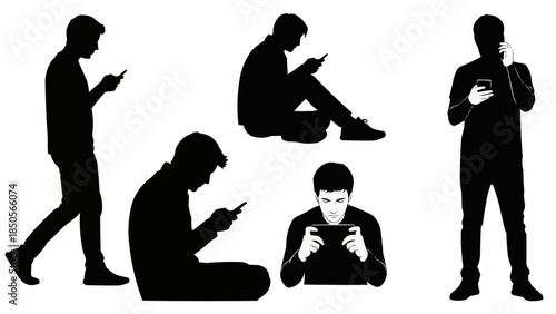 Silhouettes of people using smartphones in various poses.