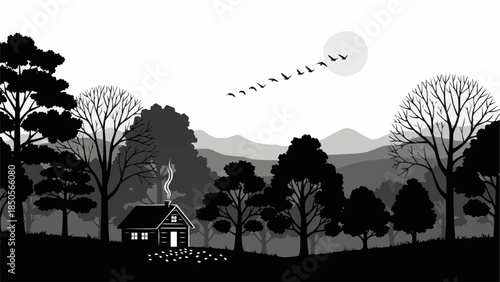 Cozy Log Cabin in a Serene Forest Landscape.