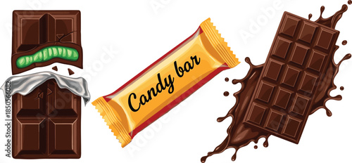 Chocolate bar illustrations with candy wrapper, filling, and dynamic chocolate splash isolated on white background for sweet food branding and packaging design