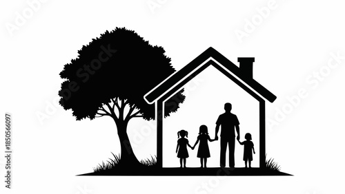 Family Silhouette Inside a House with a Tree.