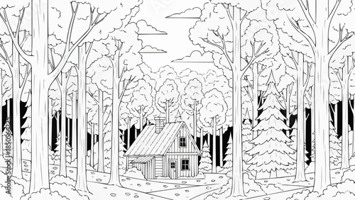 Cozy Wooden Cabin Nestled Deep Within a Lush Forest.