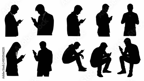 Diverse Silhouettes of People Interacting with Smartphones.