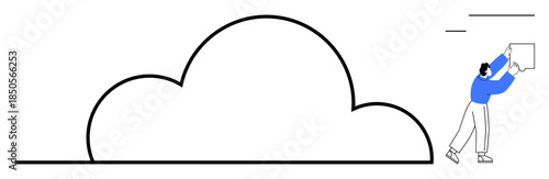Cloud storage concept. A person interacts with a large cloud, cloud storage. Cloud storage simplifies data organization, sharing, and backup. Perfect for tech, communication, business solutions data