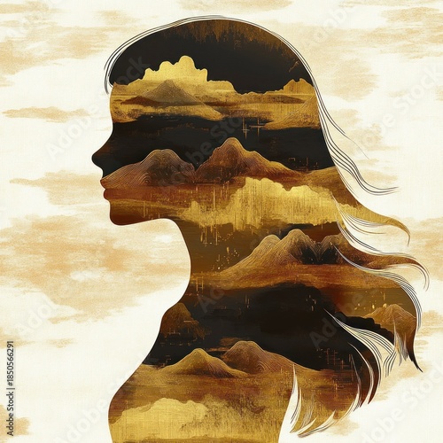 silhouette of a woman's profile filled with golden layered mountain landscapes and flowing hair, evoking a serene and contemplative mood