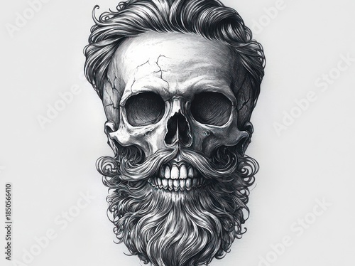Detailed black and white ink illustration of wavy hair, full beard and mustache framing a centered portrait outline, stylish and mysterious mood