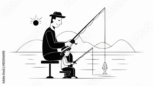 Father and son fishing together on a sunny day.