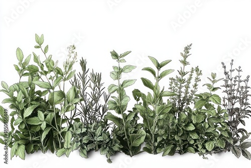 Wallpaper Mural row of fresh green culinary herb plants with leaves and stems on a white background, evoking a calm aromatic freshness Torontodigital.ca