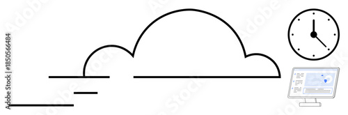Time efficiency, technology, data storage, productivity, cloud computing, digital solutions. Minimal graphic with a cloud, clock and screen. Time efficiency and technology concept