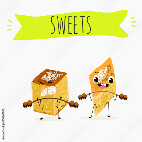 Funny Characters Ekmek kadaif. Turkish,  Eastern sweets. Hand drawn vector illustration.