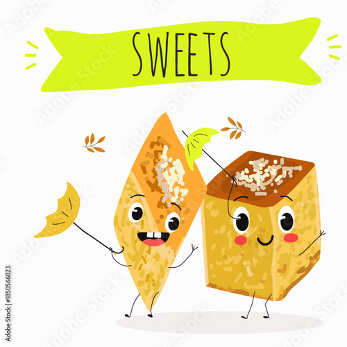 Funny Characters lokma, tulumba. Turkish,  Eastern sweets. Hand drawn vector illustration.