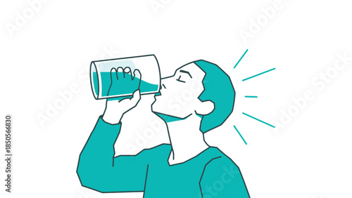 Refreshing Hydration Young Person Drinks Water from Glass Simple Line Art Illustration