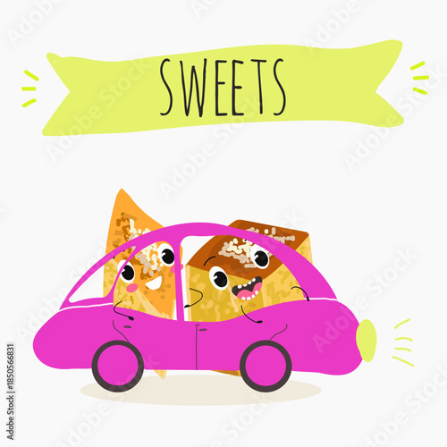 Funny Characters lokma, tulumba. Turkish,  Eastern sweets. Hand drawn vector illustration.