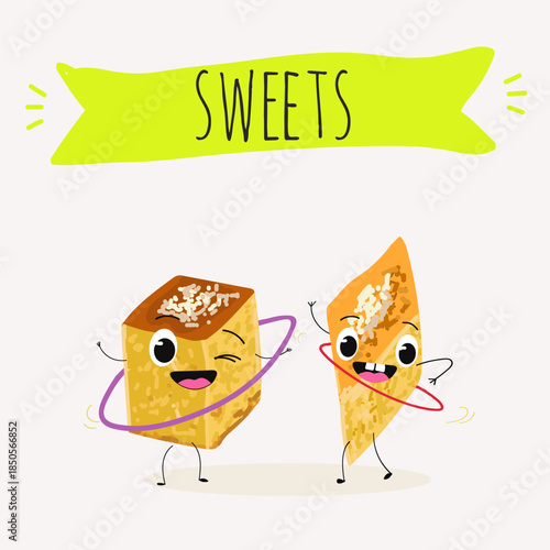 Funny Characters lokma, tulumba. Turkish,  Eastern sweets. Hand drawn vector illustration.