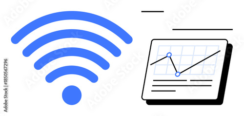 wireless signal next to analytics chart with plotted data lines. Ideal for technology, communication, internet, analytics, productivity, innovation, business insights, simple flat metaphor