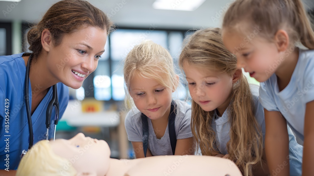 Obraz premium CPR training for children with a medical professional.