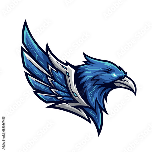 A futuristic blue eagle head with metallic wing and sharp beak illustration ak-21