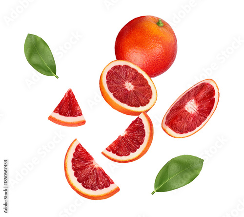 eye-catching photograph of blood orange slices and whole fruit with leaves, perfect for showcasing vibrant colors and healthy citrus options for blog content.