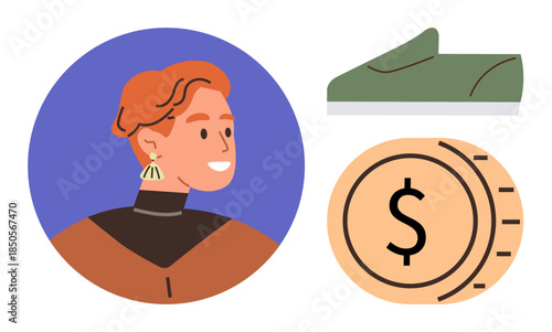 Woman with earrings, green shoe, and coin symbolizing fashion, shopping, lifestyle, money, consumerism, budgeting and choices. Ideal for retail business personal finance marketing and simple