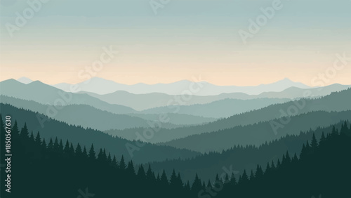 Serene mountain range landscape with layered peaks and evergreen forest in a minimalist art style