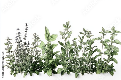 Wallpaper Mural row of fresh green herb plants with varied leaves and stems on a clean white background, evoking calm and freshness Torontodigital.ca