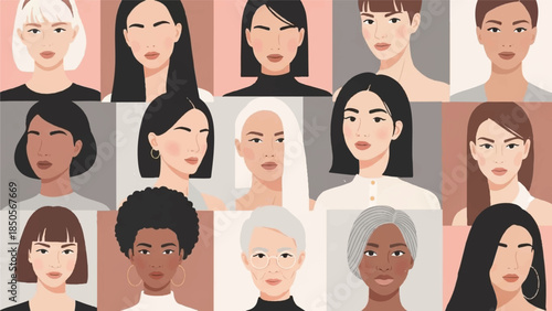 Diverse group of women of various ages and ethnicities depicted in a flat illustration style