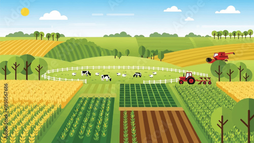 Lush Green Agricultural Landscape with Farming Activities and Livestock - A Vibrant Rural Scene with Tractors and Fields