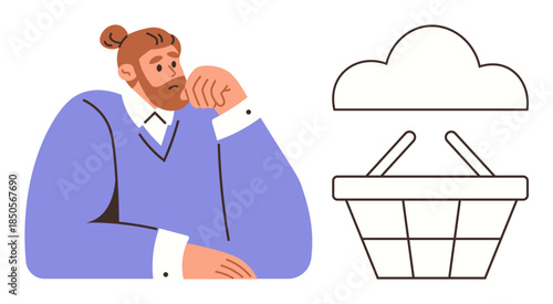 Man with a pensive expression near a digital basket and cloud graphic, symbolizing online shopping and decision-making. Ideal for e-commerce, innovation, cloud technology, consumer behavior