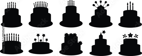 Birthday cake silhouettes, black cake icons, celebration dessert vector, candle topper clipart, party graphic decoration bundle