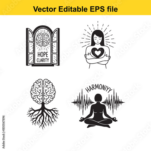  a set of four black and white vector illustrations depicting mindfulness and mental well being concepts in a simple modern style