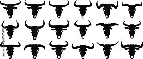 Bull head silhouettes, horn shapes, animal icons, vector clipart, black graphic, cattle design, livestock symbol, strong illustration