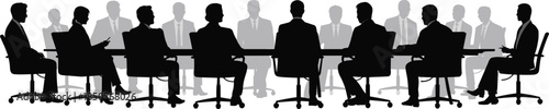 Business meeting, corporate conference, boardroom discussion, teamwork, leadership, strategy, silhouette illustration, office chairs, formal attire, decision-making, 