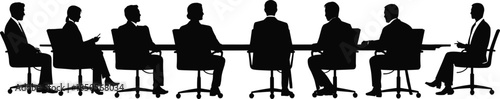 Business meeting silhouette, corporate teamwork, office discussion, conference table, leadership concept, professional group, strategy planning, workplace illustration