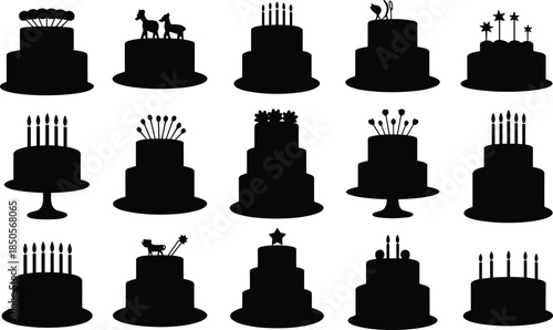 Cake silhouette collection, birthday cake icons, celebration dessert vector, black cake clipart, party decoration graphic bundle
