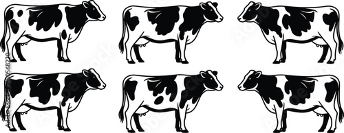 Cow illustrations, black and white icons, spot pattern variations, dairy theme, cartoon style, animal graphics, 