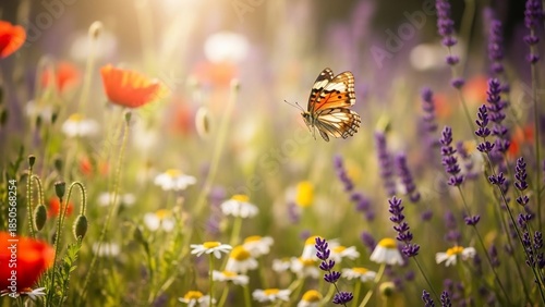 Beautiful Butterfly Flying Over a Vibrant Meadow of Poppies and Lavender.