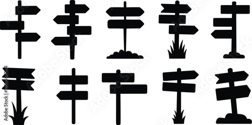 Directional signpost silhouettes, black vector icons, arrow signs, navigation clipart, wayfinding design, road signage, travel symbol, signpost bundle, graphic elements, silhouette set,