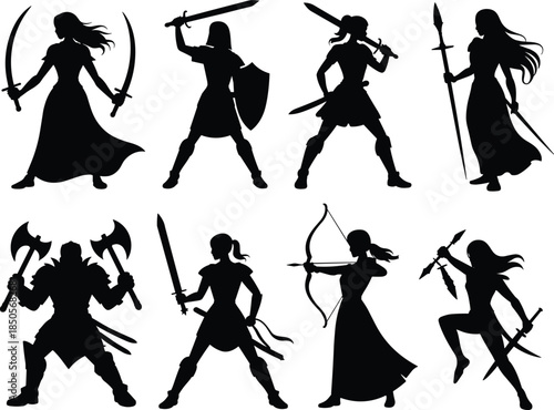 Fantasy warrior silhouettes, medieval fighters, black vector shapes, weapon icons, battle poses, armor design, graphic illustration, warrior set, minimal style, silhouette pack, sword and 