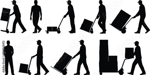 Hand truck silhouettes, box transport icons, warehouse workers, logistics design, delivery clipart, black graphic, manual labor illustration